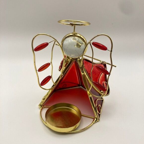 Vintage Stained Glass Tea Light Candle‎ Holder Red/Gold Angel Playing Violin - Picture 2 of 4